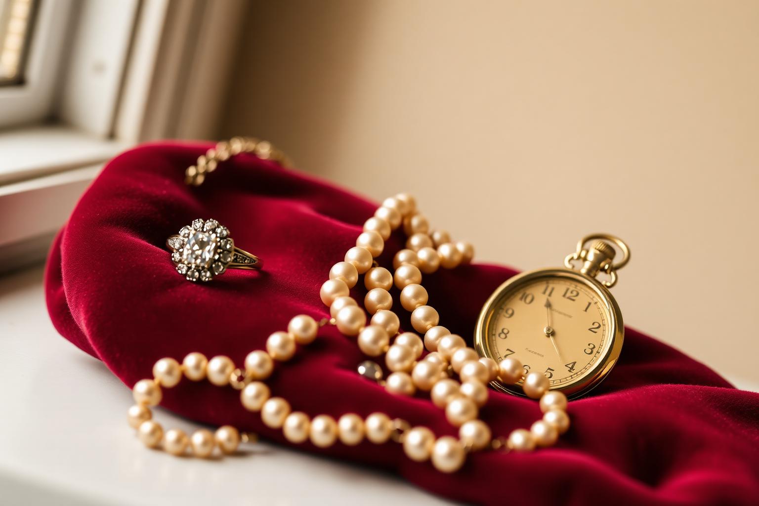 Art-decoring, parelcollier en antiek zakhorloge op donkerrood fluweel
